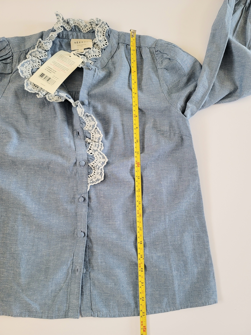 Sezane Chlo Shirt in Chambray Blue, Size 2, Embroidery Trim, French Romantic - Picture 8 of 11